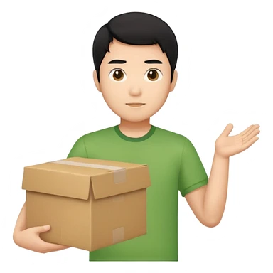 black haired asian man green shirt holding cardboard box sticker