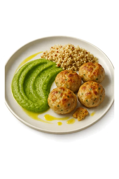 polpette di tacchino, purè di zucchine, quinoa e olio di oliva, iperrealistico 4k sticker