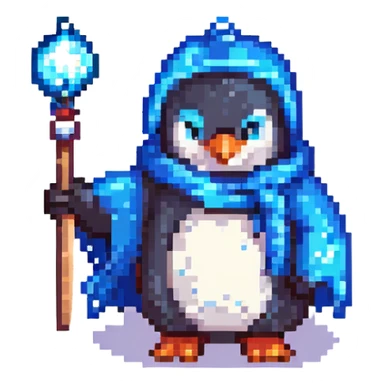 pixel art penguin wizard with a blue robe and sparkling wand sticker
