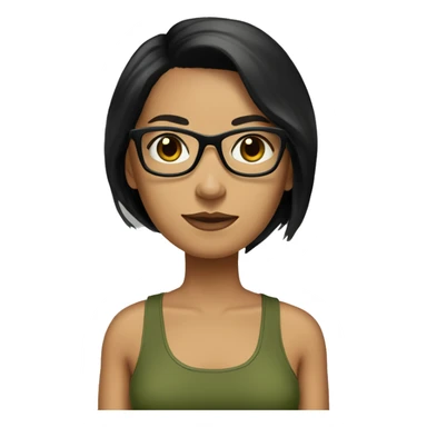 white skined woman with straight black hair with a olive green tank top with glasses tortoise  sticker