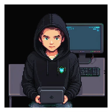 pixel art of a programmer in a dark hoodie, illuminated by the glow of a computer screen sticker