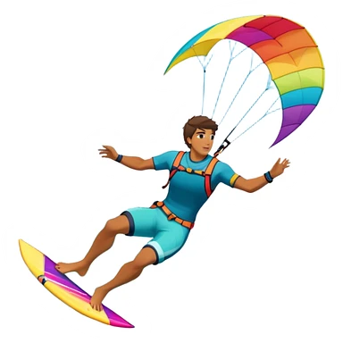 A professional kite surfer performing a high-flying trick on the waves, with a colorful kite soaring above. The background features a stunning landscape of rolling ocean waves, a bright sky, and distant mountains, emphasizing the skill and freedom of the sport. sticker