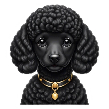 Cinematic Noble Black Poodle Portrait Emoji, Poised and regal, with a refined, elegant build and a meticulously groomed, curly jet-black Fur, deep-set soulful dark eyes, Simplified yet sharp and sophisticated features, highly detailed, glowing with a soft, dignified glow, high shine, intelligent and graceful, stylized with an air of sophistication, focused and attentive, soft glowing outline, capturing the essence of a watchful and confident companion, so majestic it feels as though it could prance out of the screen with effortless authority! sticker