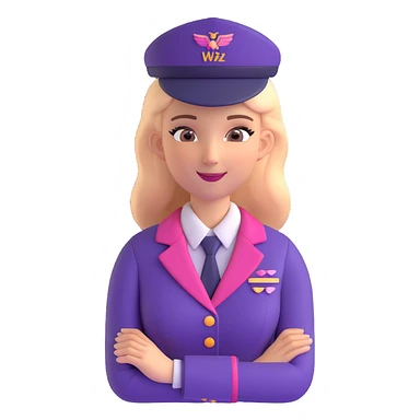 Wizz Air stewardess wearing uniform in Wizz Air signature pink and purple colors, friendly expression, airline style sticker