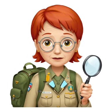 scout old woman backpack and magnifying glass, red sticker