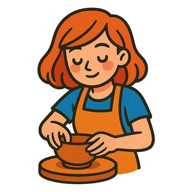 vibrant toon style girl with shoulder-length red hair making a bowl with clay sticker