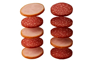 fettine di prosciutto cotto e di salame fluttuano in aria verticalmente, IPERREALISTICA 4K sticker