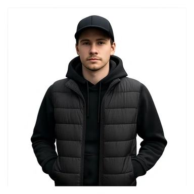 A guy in a hat, black hoodie, and a puffer vest sticker