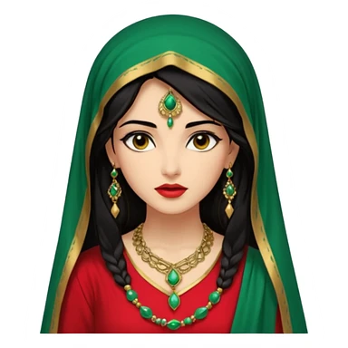Mujer joven, morena, de gran belleza y porte misterioso.
 mirada intensa y fija; labios marcados.
 Negro, largo, suele ir cubierto parcialmente por un velo
 Ropa de inspiración árabe: túnica colorida (rojo, dorado, verde esmeralda), con detalles dorados  brazaletes y pendientes. sticker