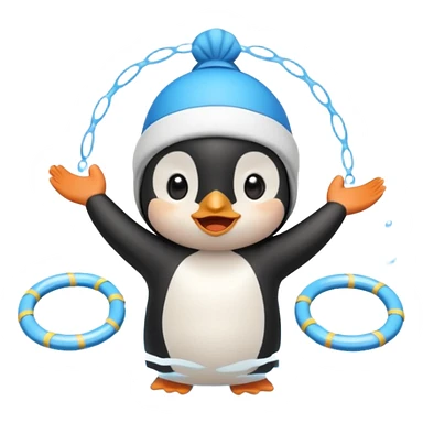 A cheerful penguin swimmer in swim cap, doing a playful backstroke with water rings popping around full body chibi cute
 sticker