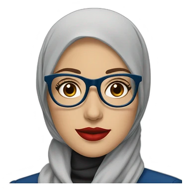Hijabi white woman with glasses and brown eyes wearing a blue suit and red lipstick sticker