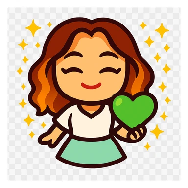 Update this chibi emote to remove the headband and change the outfit to a pastel green skirt and white blouse, holding a green love heart sticker