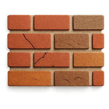 close-up of a brick wall with red and brown bricks, visible mortar, rough texture, natural lighting, slight weathering, cracks in paper craft style sticker