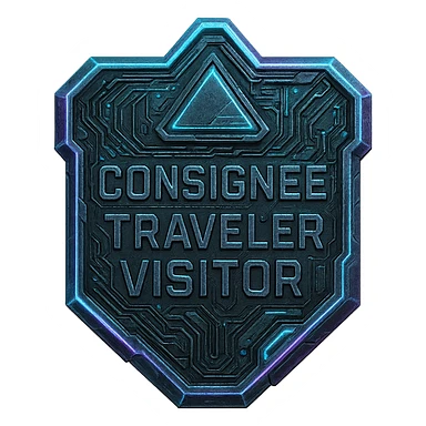 a metal insignia badge for a consignee traveler visitor, space scifi-futuristic cyberpunk futurepunk sticker