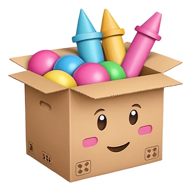 cardboard box with toys, pink sticker