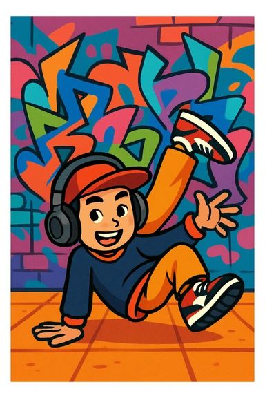 hip hop Chinese American character breakdancing, wearing headphones, graffiti background, stylish sneakers, vibrant cartoon style sticker