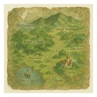 realistic crinkled and water damaged map, natural colors, soft, fairy-like atmosphere, no background, square size sticker