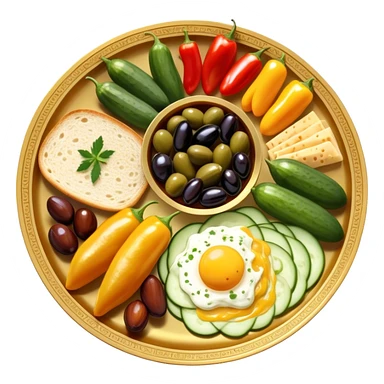 A beautifully arranged Middle Eastern breakfast spread, served in elegant golden plates., cucumbers, and bell peppers, along with olives, dates, and cheeses. There are also classic breakfast staples like scrambled eggs, cold cuts, honey, jam, and creamy cheeses.  sticker