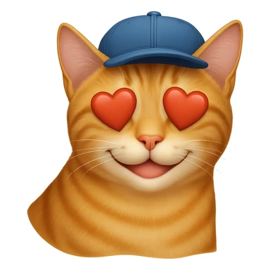 Change the cat's face expression to love (heart eyes or loving smile), keep the blue cap, and set the background to transparent. Maintain a style as close to the original realistic emoji as possible, with detailed fur texture and lifelike appearance. sticker
