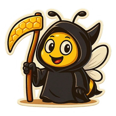 Make the scythe look like it's made of honeycomb for this friendly cartoon bee grim reaper in retro stickers style. sticker