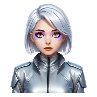 A half-body shot of a young woman with silver hair and strikingly sharp features. She’s wearing futuristic makeup and a metallic jacket, standing against a neon-lit urban background sticker