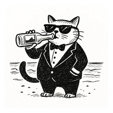 Add sunglasses to the cat in a tuxedo drinking beer on the beach in doodle style, hand drawn and sketchy with playful lines and details. sticker