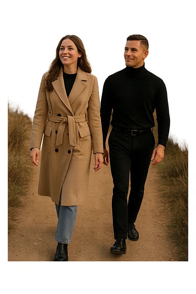 a man and a woman walk together along a winding path in a natural landscape. In one version, the woman leads confidently while the man follows a few steps behind, looking at lei con ammirazione. In un’altra versione, i ruoli sono invertiti, con l’uomo che guida e la donna che lo segue sorridendo. La scena trasmette l’idea che entrambi possano guidare o seguire, a seconda del momento. sticker