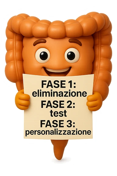 emoji stile iphone 3d di un intestino che tiene in mano un foglio con la scritta "FASE 1: eliminazione, FASE 2: test, FASE 3: personalizzazione, IPERREALISTICO 4K sticker