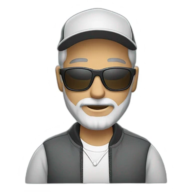 gray-haired man with a beard and mustache in sunglasses wearing a baseball cap on his head in a sports jacket sticker