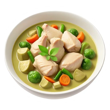 Green Chicken Curry Cinematic Realistic Green Chicken Curry Dish Emoji, depicted as tender chicken chunks simmered in a fragrant green curry sauce with vegetables, rendered with vivid textures and dynamic, vibrant lighting. sticker