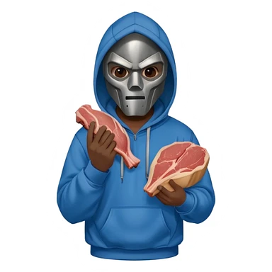MF DOOM in a blue hoodie holding a piece of meat sticker