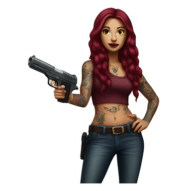 Beautiful tattooed burgundy long haired woman with a gun sticker