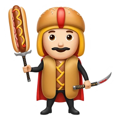 Middle aged attractive man wearing a hot dog costume wielding a katana sticker