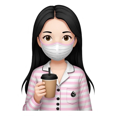 chica de pelo lacio color negro cabellera larga piyama blanca con rayas rosa claras peo no tan claras no oscuras el bordado es negro al igual que los botones )tiene una mascarilla para la carablanca y sostiene y cafe con bolitas nedras al dondo con unsorbete tranparente y es de test blanca  sticker