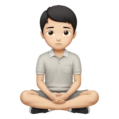 Cartoon Asian boy sitting cross-legged, clearly resting his closed fist against his cheek, looking thoughtful with a slight smirk. White polo, gray pants, black shoes, large eyes, short black hair. Clean vector style, flat colors, black background. sticker
