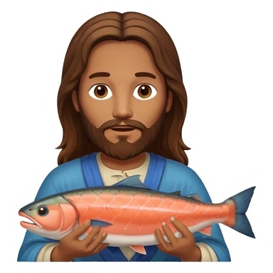 Jesus with long brown hair and a long beard holding a salmon sticker