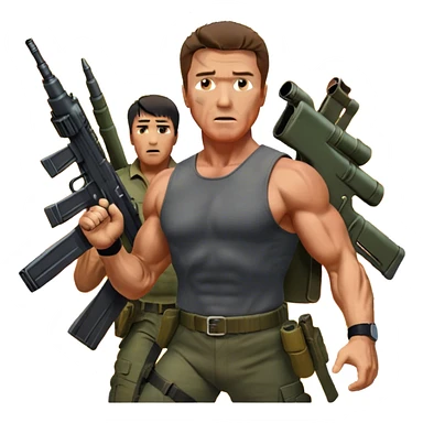 Icon for Action Movies: Close-up collage featuring Schwarzenegger in 'Commando' and  Stallone in 'Rambo', in bold poses. Background includes explosions, rockets flying, and machine guns. The style is reminiscent of a cinematic movie poster with intense, dramatic colors. Transparent background. sticker