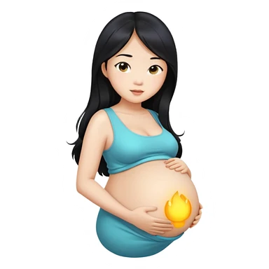 Beautiful Asian girl with long black hair, pregnant belly sticker