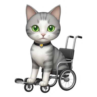 full body small short hair dark grey and white cat with green eyes walking in a wheelchair for cats sticker