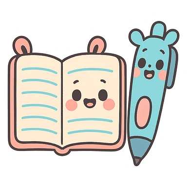 cute open notebook and a pen with ears, pastel toon style, cartoonish sticker