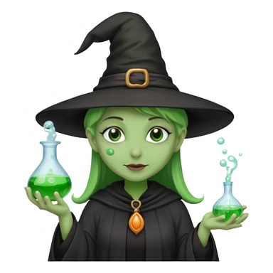 Witch with Green Skin – long-nosed witch in black hat holding potion sticker