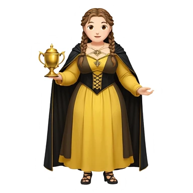 Helga Hufflepuff,brown-haired,2 braids,yellow-black medieval open dress,deep neckline,fat macromastia,black cloak decorated with gold braiding,gold cup with two handles,very kind smile,curvy busty sweet woman,round rosy cheeks,full length with medieval shoes sticker
