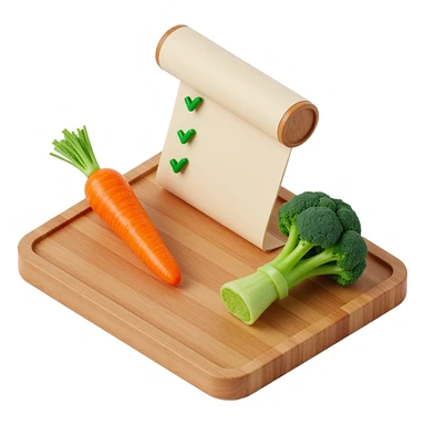 carrot tomato brocoli on the wooden cutting board with floating rolled paper list with green checkboxes sticker