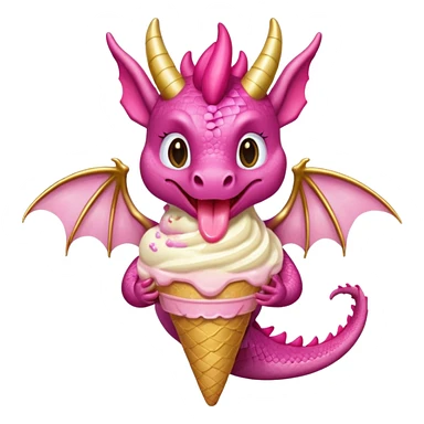 A dragon with its shiny glittered wings in pink tones and pink and gold legs, eats vanilla and chocolate ice cream sticker