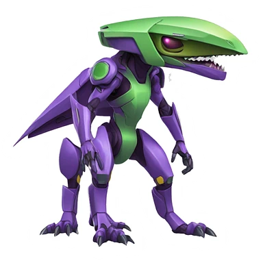 a purple-green Genesect-Raptor-Fakémon—hybrid with a futuristic visor-helmet full body sticker