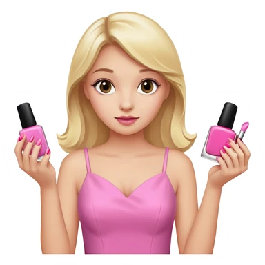 A blonde girl in pink holds nail polishes in her hand sticker