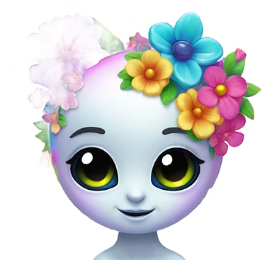 Lisa frank rainbow alien with big oval head and big black eyes with flowers sticker
