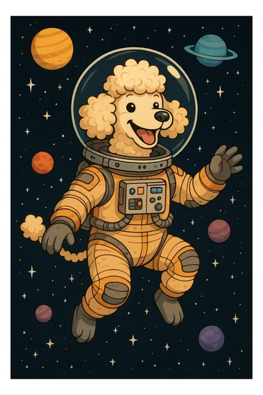 a poodle wearing a detailed spacesuit floating in space, visible stars and planets, playful and whimsical sticker