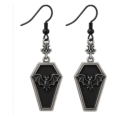 goth earrings, black coffin with bat, classic gothic, detailed sticker