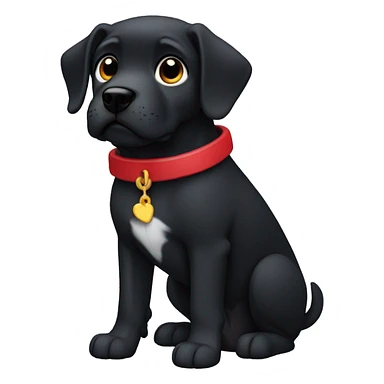 black dog, big jowls, sad puppy eyes, angel wings, red collar sticker